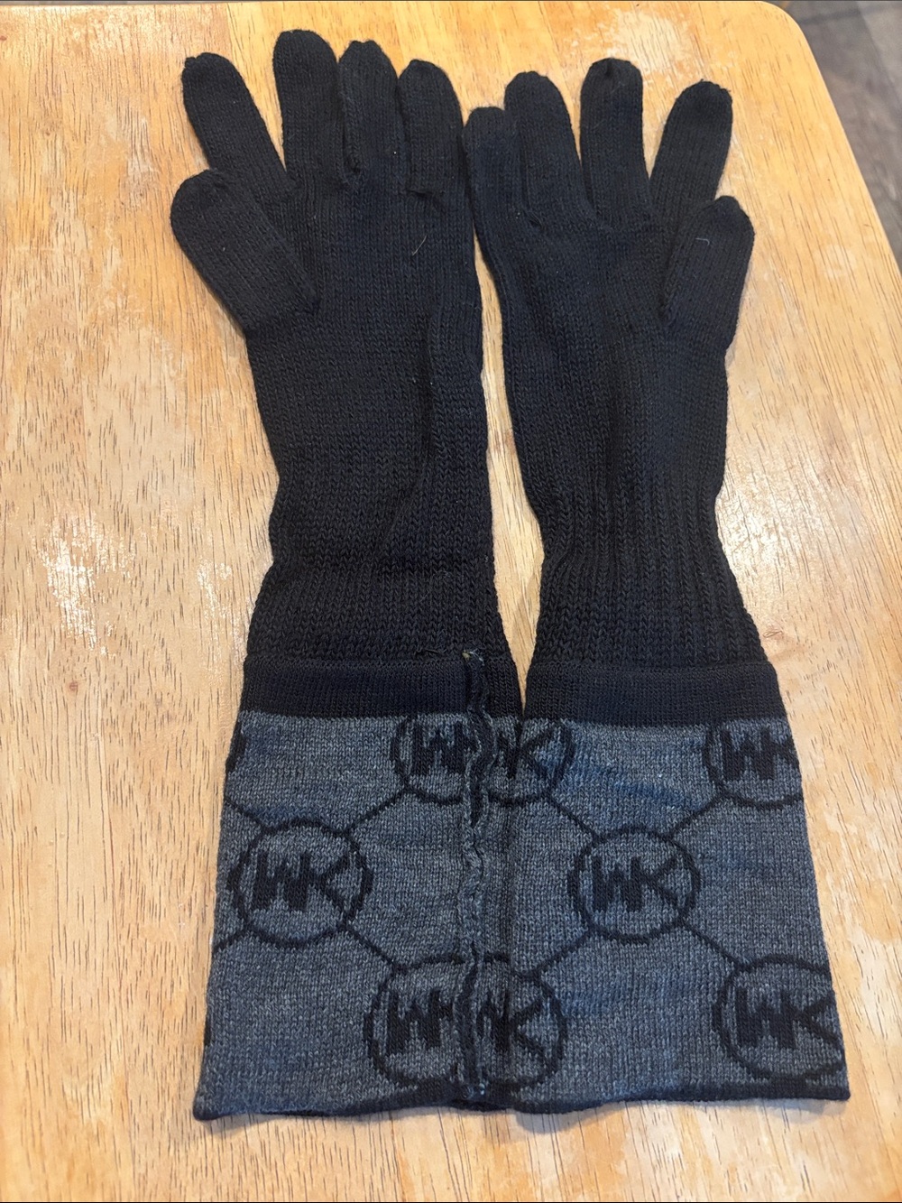 Michael Kors Black Knit Gloves with Gray MK Logo Cuffs